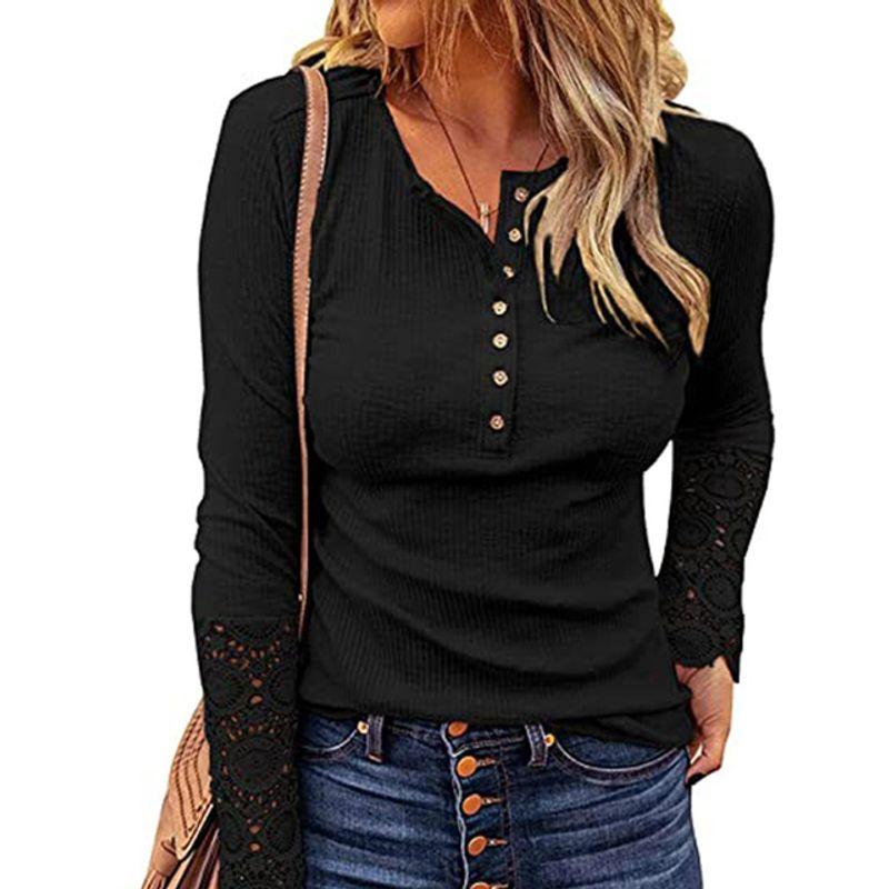 

Lace Sleeve Loose Long-Sleeve T-shirt Lace Sleeve Loose-Fitting Solid Color Long Sleeves T-shirt Black S