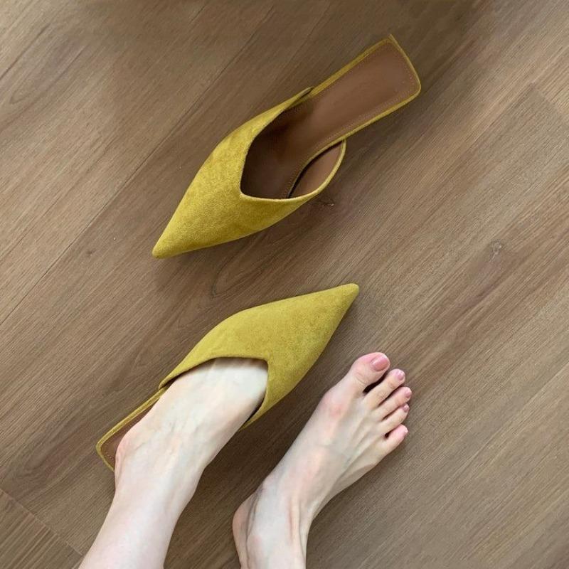 

Новые женские туфли-шлепанцы на высоком каблуке с острым носком 2025 Весна Закрытый носок Сексуальная шпилька Замшевые Простые шлепанцы 40 жёлтый