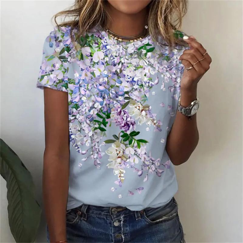 Sommer Blumenmuster 3D-Druck T-Shirts Damen Rundhals Kurzarm Lässiges T-Shirt Harajuku Tees Y2k Tops Damenbekleidung