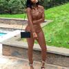 Casual Women Solid Color Faux Leather Turn Down Collar Shirt Pants Two-piece Set