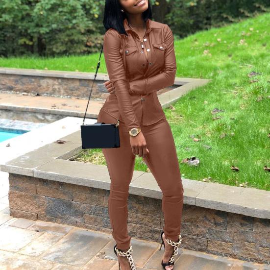 Casual Women Solid Color Faux Leather Turn Down Collar Shirt Pants Two-piece Set