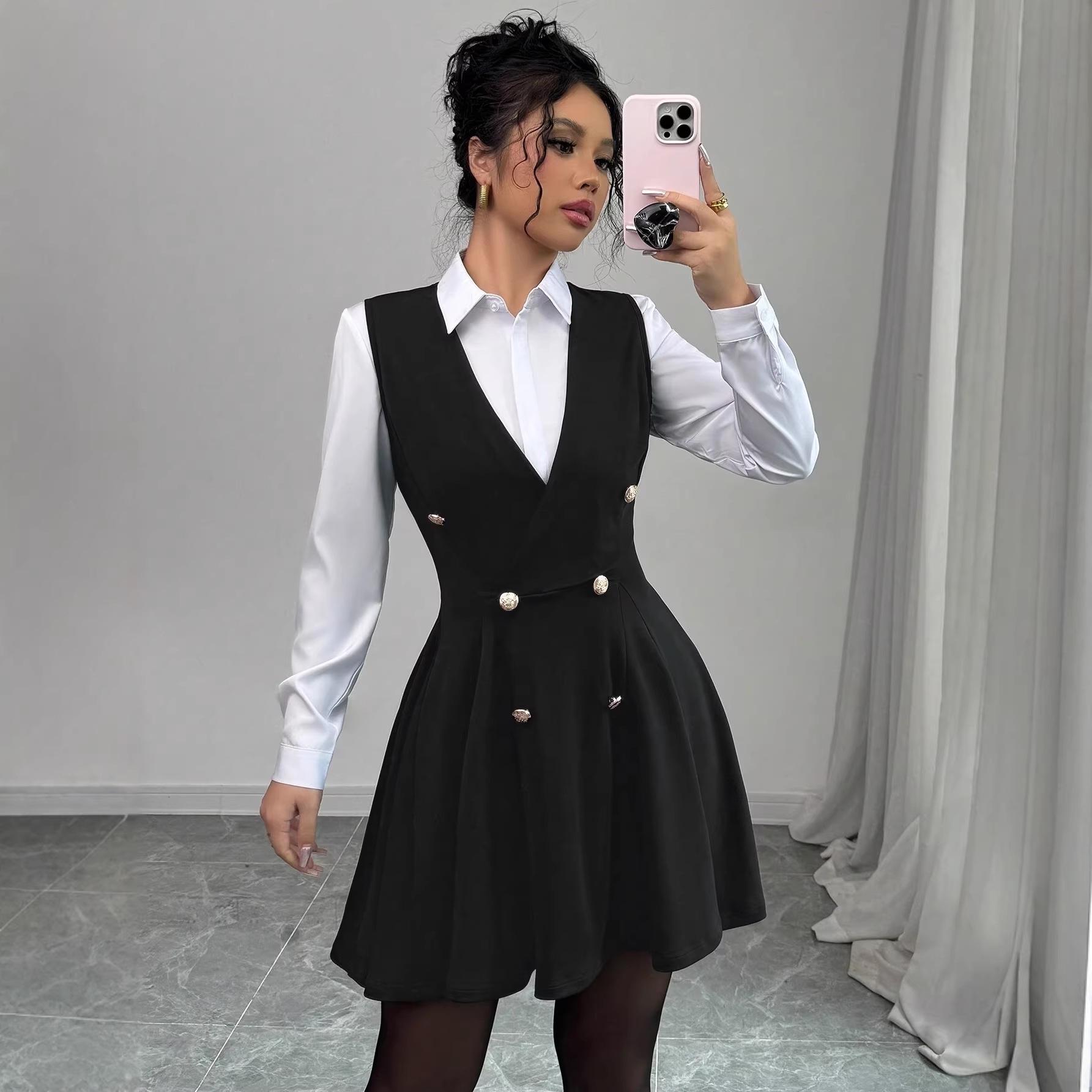 2026 Plus Size Women s V-neck Sleeveless Solid Color Double-breasted Waist-cinching Dress 2XL чёрный