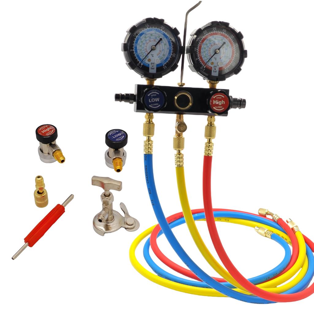 R410A R22 R134a R404A AC Manifold Meter Kit for Refrigerant, 3 Way Freon Charging Sleeve with 1.45m Hose, Coupler and Adapter
