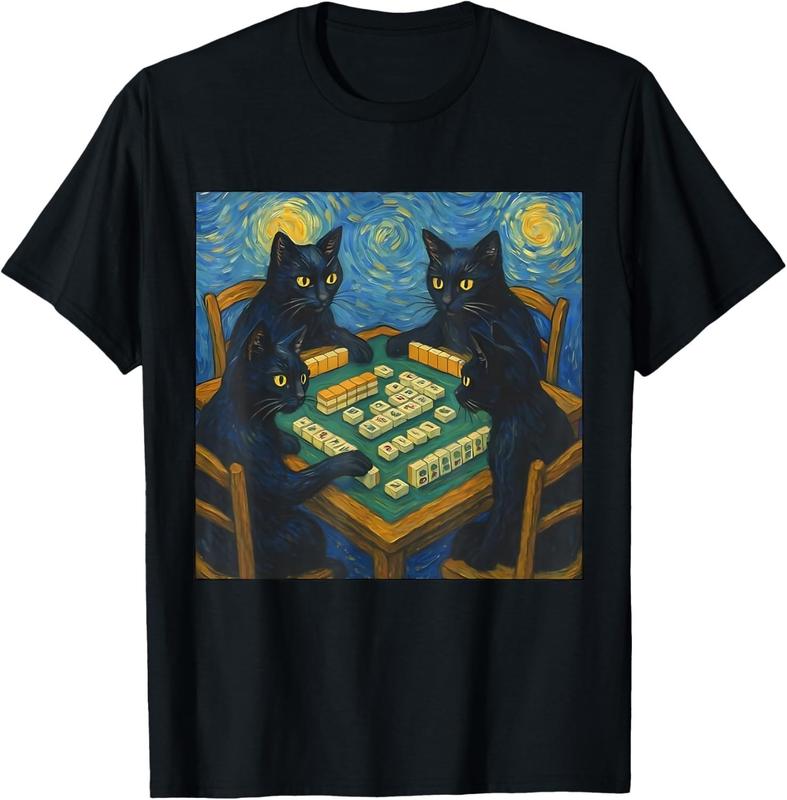 Van Gogh Starry Night Cat Playing Mahjong Chinese Tile Game unisex T-Shirt Graphic Tee XXL