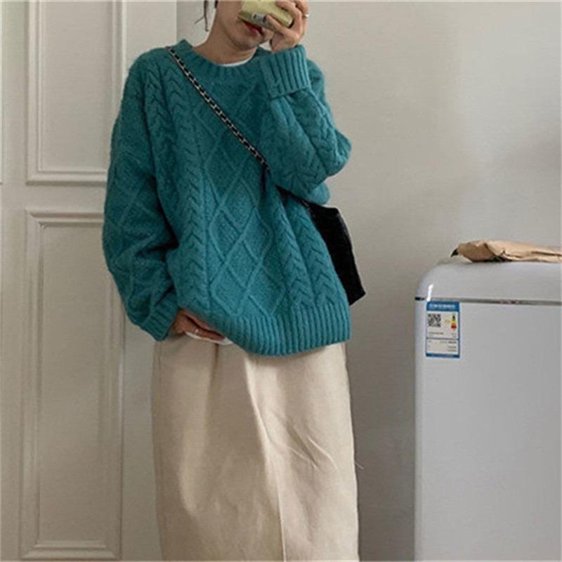 Thickened crew neck twist sweater women's new autumn and winter wear lazy wind loose pullover bottoming knitted top