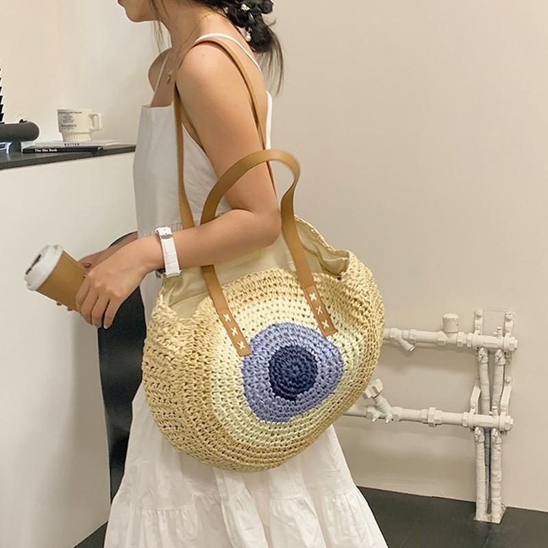 Straw Bag Women Hand-Woven Handbag Round Shape Rattan Bag Big Capacity Casual Beach Shoulder Crossbody Bag