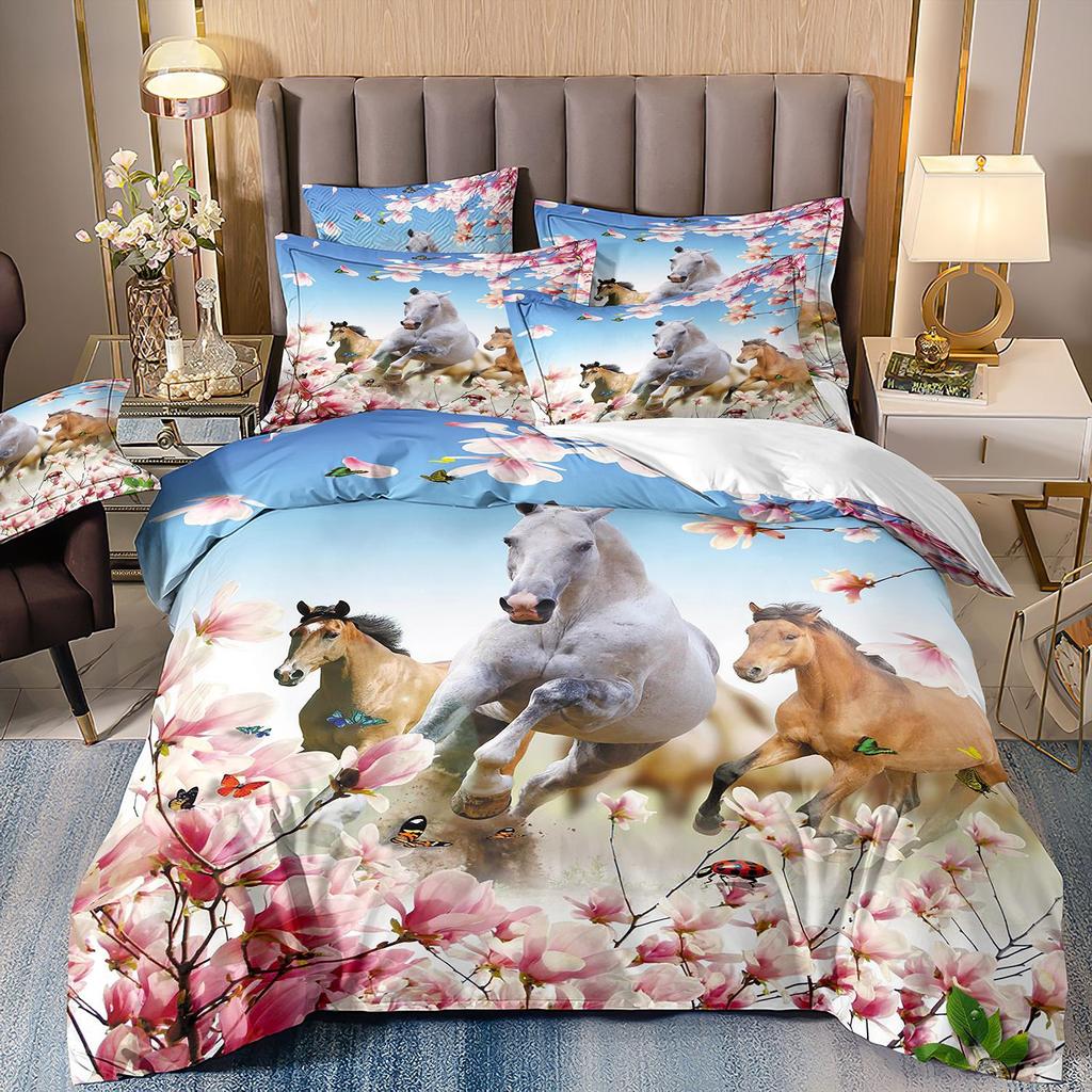 Horse Three-Piece Flower 3D Digital Printing Quilt Cover Bed Sheet Pillowcase Bedding Kit