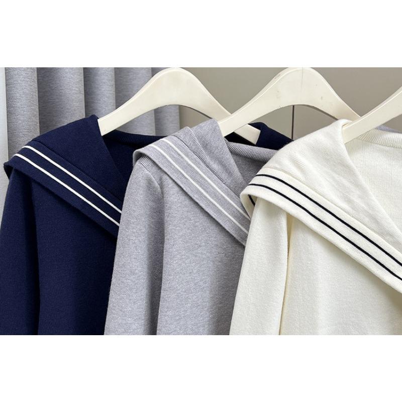 Plus Size Women Ribbon Sailor Collar Long Sleeve Knit Sweater