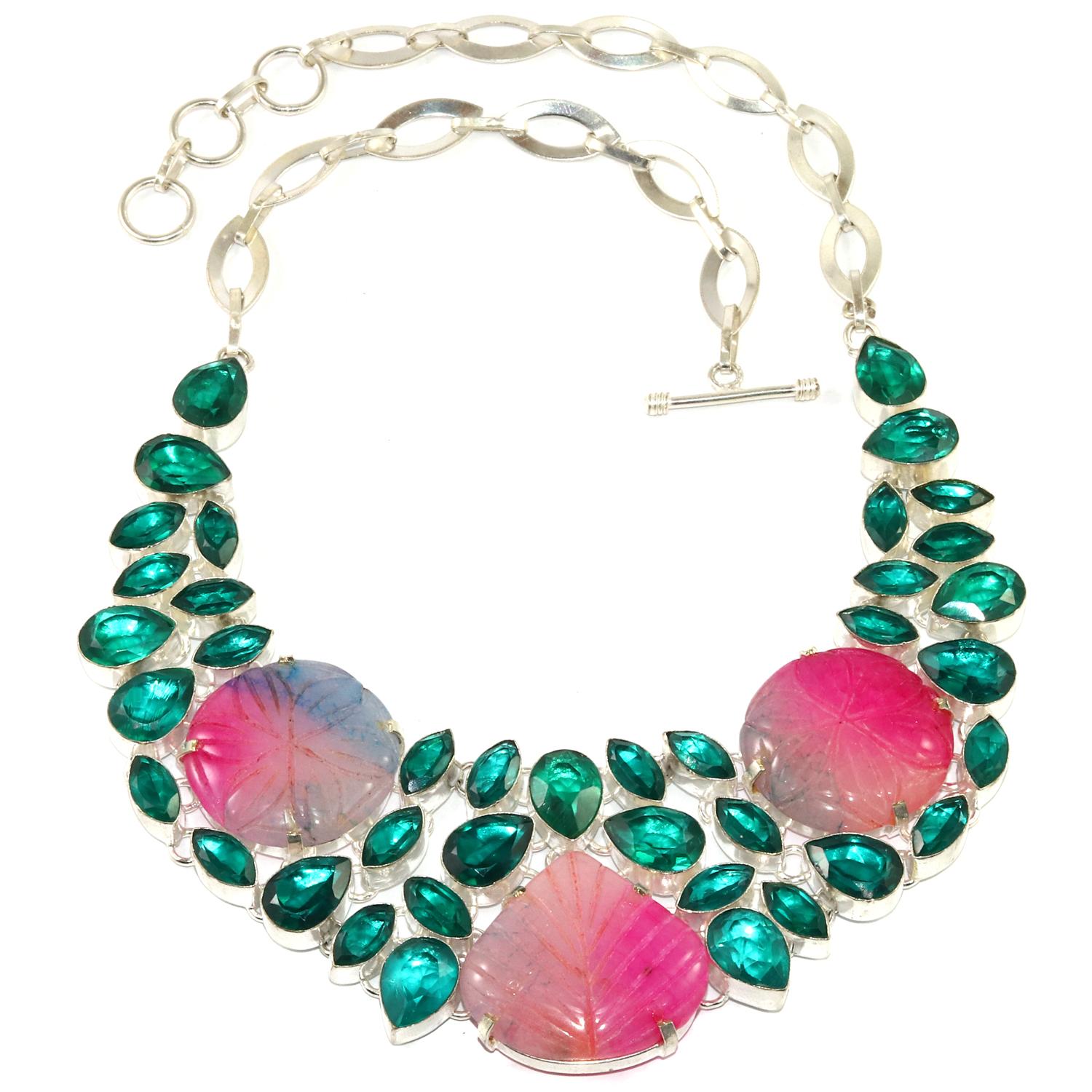 

Carved Ruby Quartz Chrome Diopside 925 Silver Jewelry Necklace 16-18