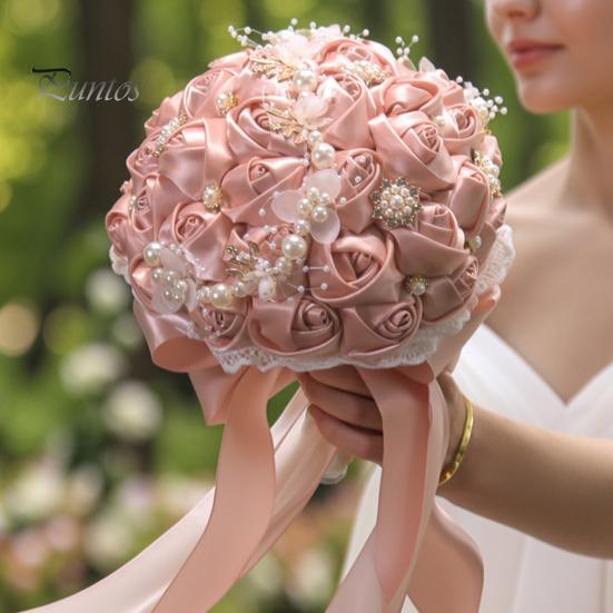 Wedding Ceremony Flower Decorations Artificial Silk Rose Bridal Bouquet with Chiffon Ribbon, Toss Flowers for Ceremony, Bouquets Bridesmaids Flowers,