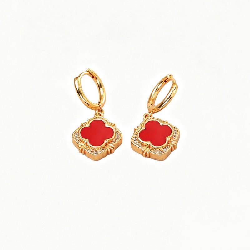 Vintage Red Four Leaf Clover Earring Necklace Set Women Gold Plated Copper With 5A Zirconia Lightweight Elegant Jewelry