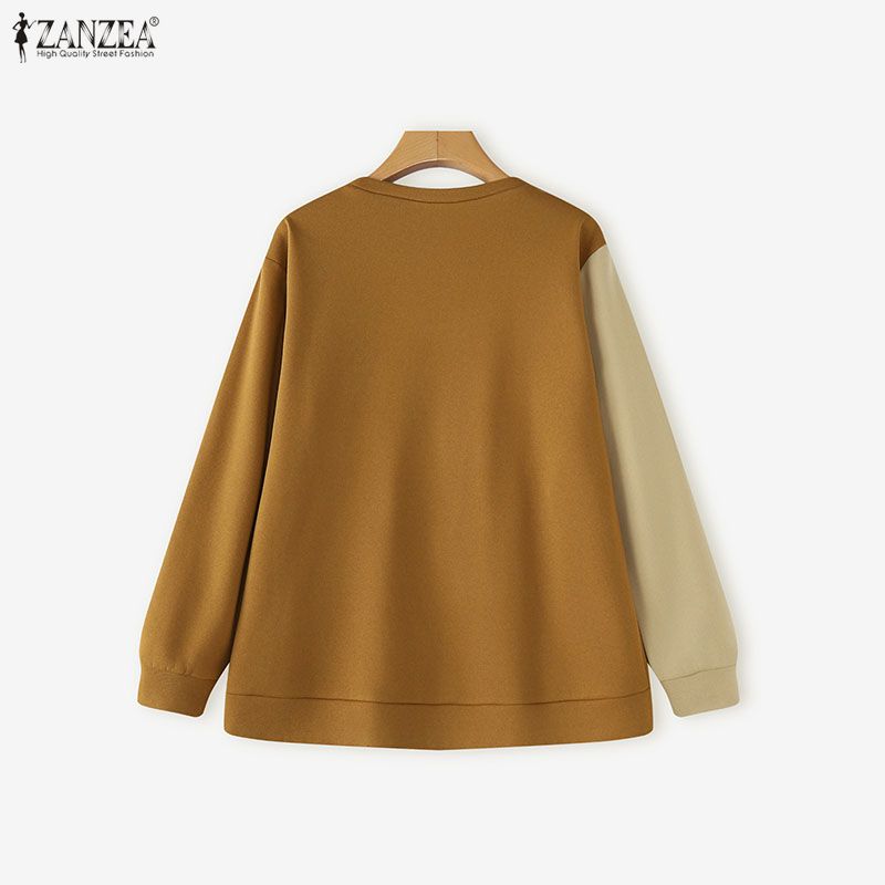 ZANZEA Women Casual Round Neck Patchwork Long Sleeve Pullover T-Shirts