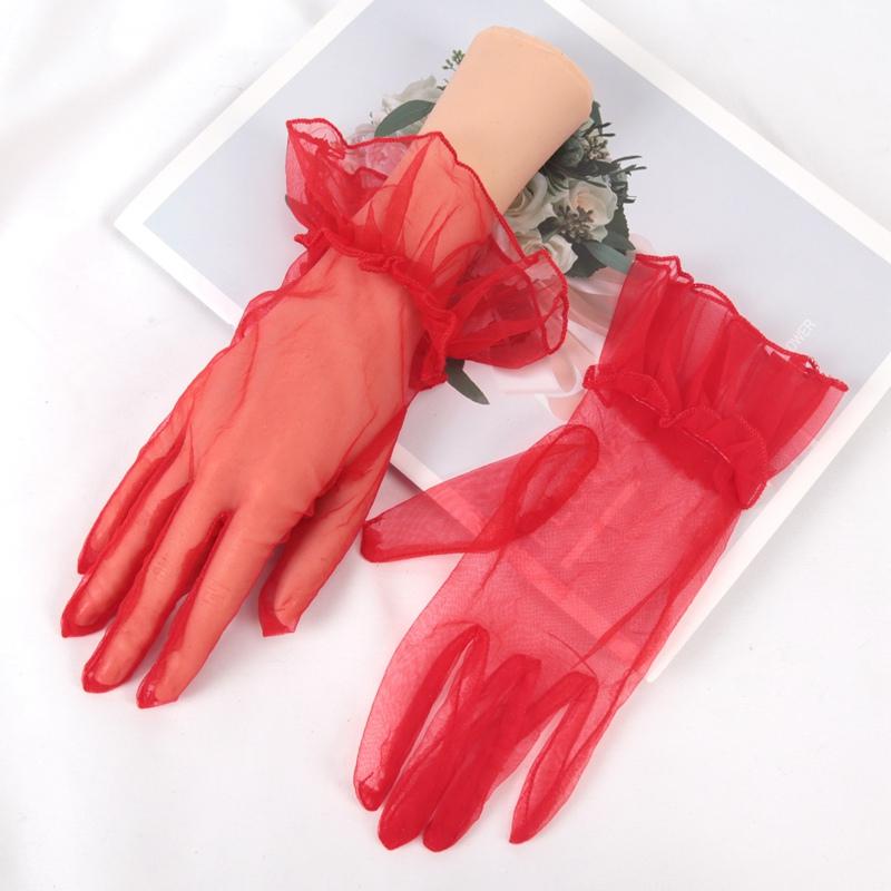 New Sexy Transparent Lace Black White Gloves Solid Color Fashion Women Drive Short Tulle Gloves Mesh Stretchy Wedding Mittens
