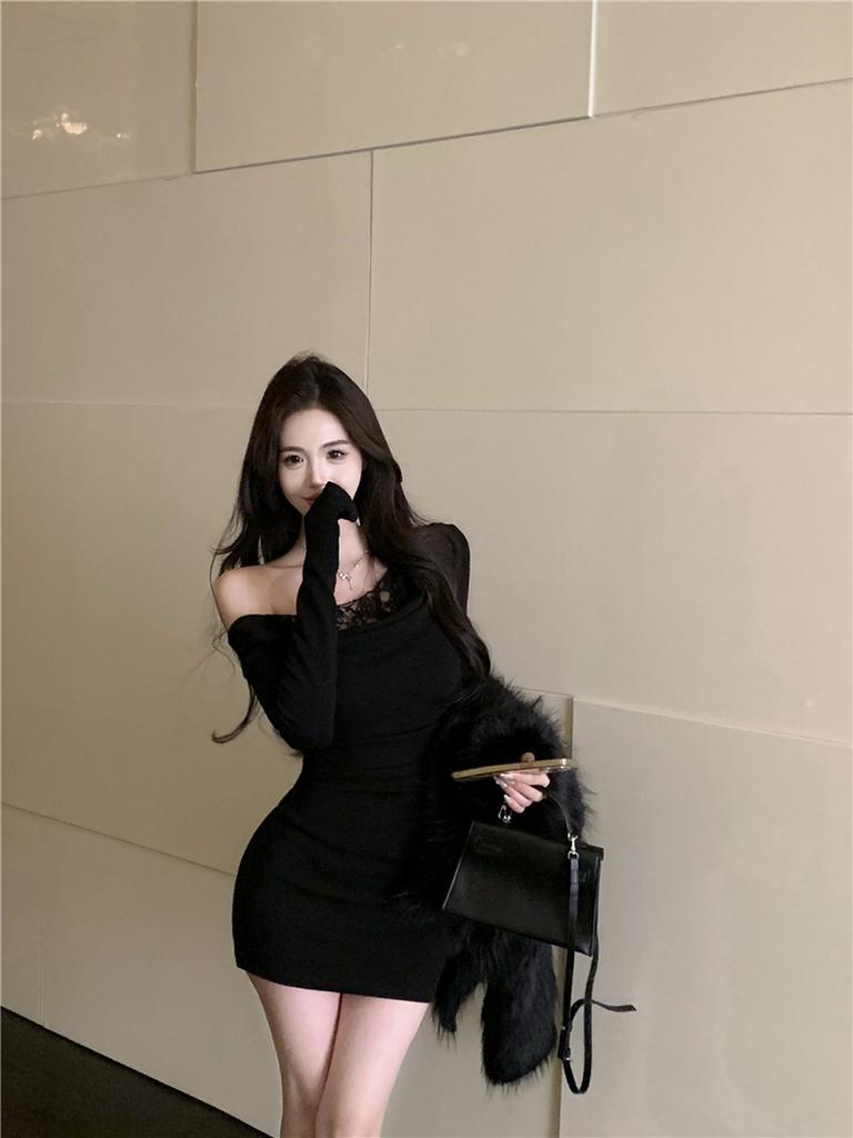 Lace Patchwork Off-Shoulder Long Sleeve Dress for Women Slim Fit Pure Temptation Bodycon Mini Skirt Purple Waist Cinched Tight Dress