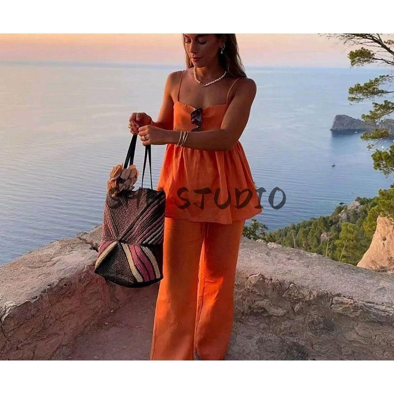 Spring New Women's Clothing Casual Pure Color Short Camisole Tops + Loose Mid Waist Long Pants Suit