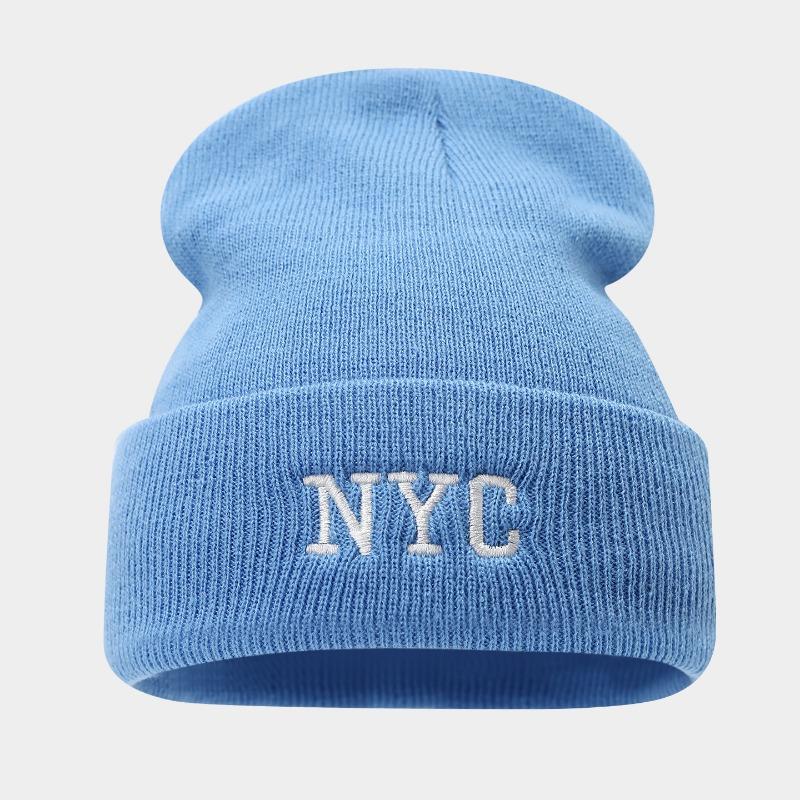 

Модный бренд NYC простая вязаная шапка с буквой мужская и женская модная трендовая защита ушей шерстяная шапка для путешествий универсальная теплая шапка average size светло-синий