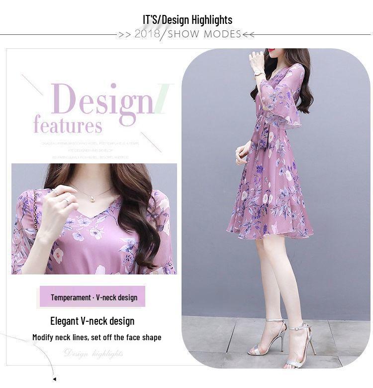 2025 Summer Women's Slim Waist Midi Floral Dress