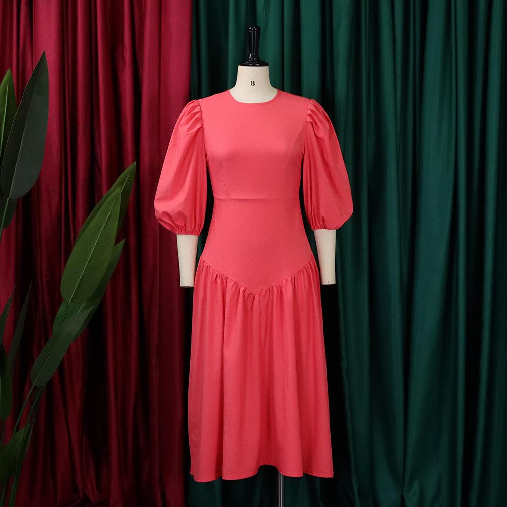 Women Casual Plus Size Puff Sleeve Pleated High Waist Midi Dress S