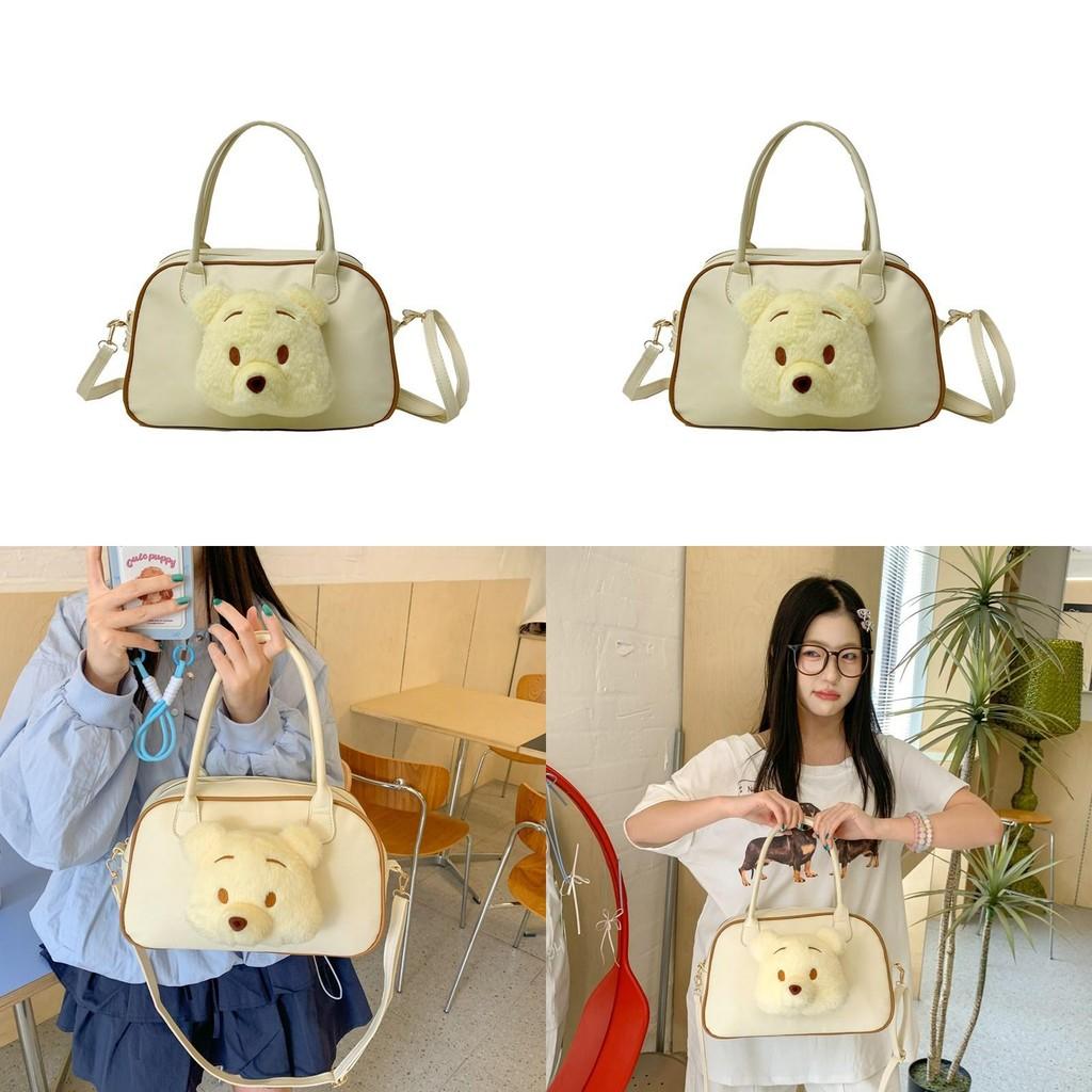 Pooh Bear Plush Doll Decoration Women Tote Bag With Transparent Compartment For Campus And Daily