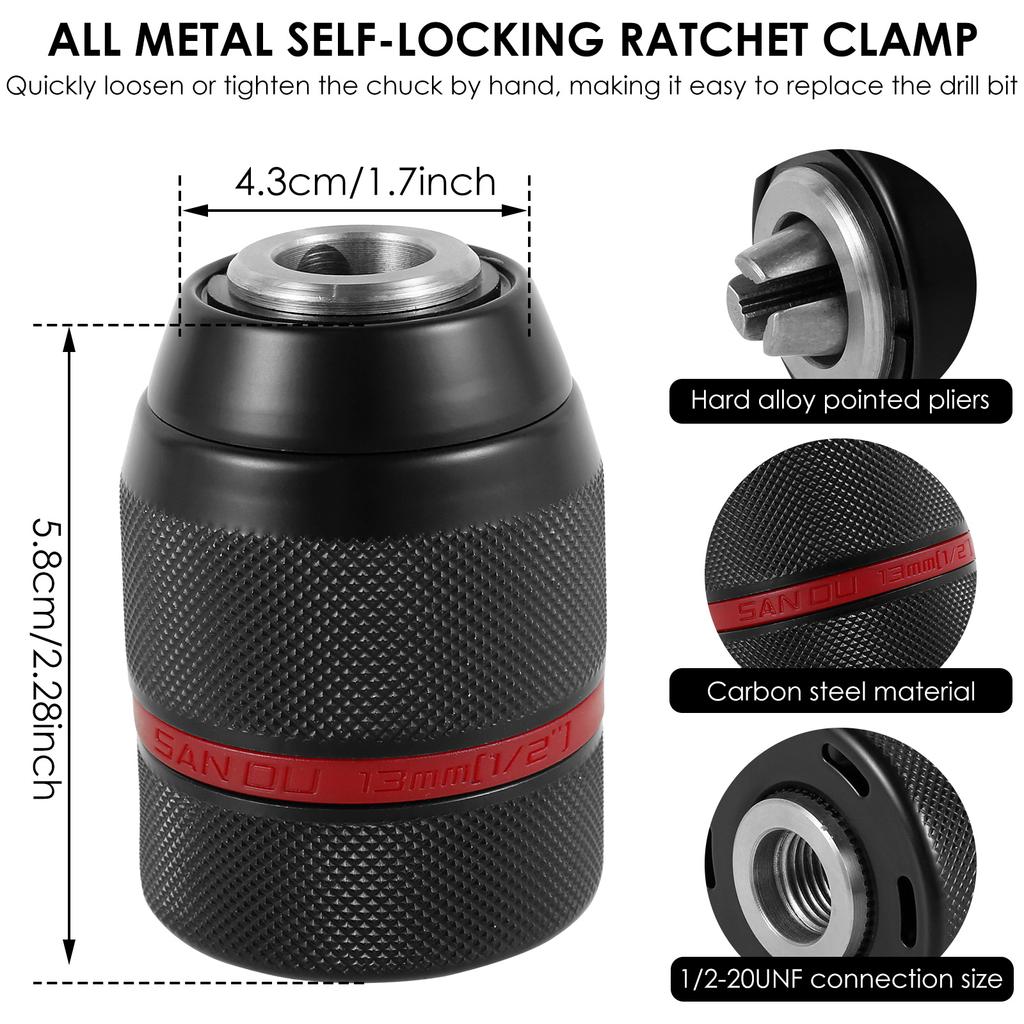 Keyless Drill Chuck Hex Shank 1/2-20UNF 1.5-13mm Socket Square Female Adaptor Self-tighten Drill Chuck Electric Drill Adapter