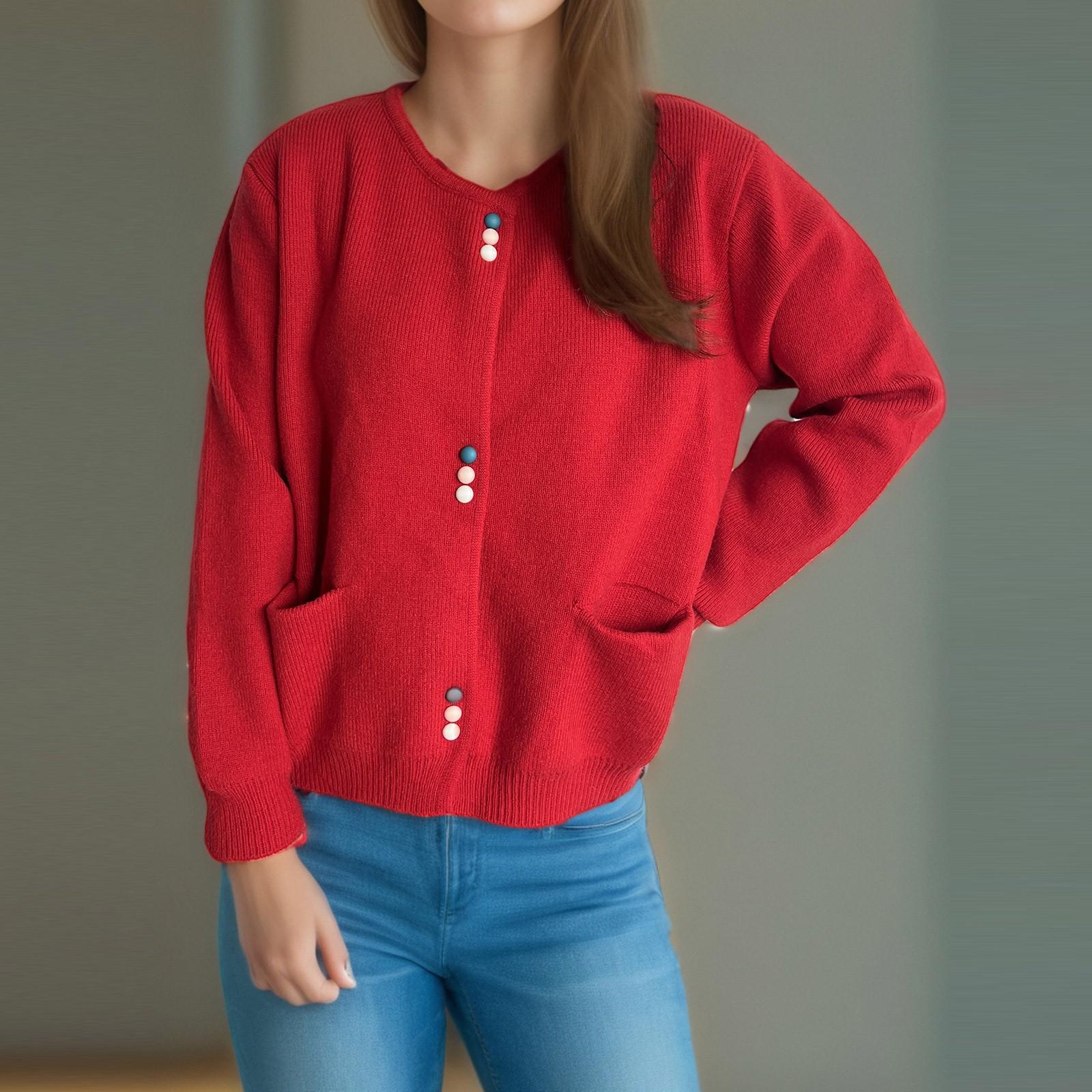 

Женский модный повседневный трехбортный свитер контрастного цвета, свободный вязаный кардиган XL красный