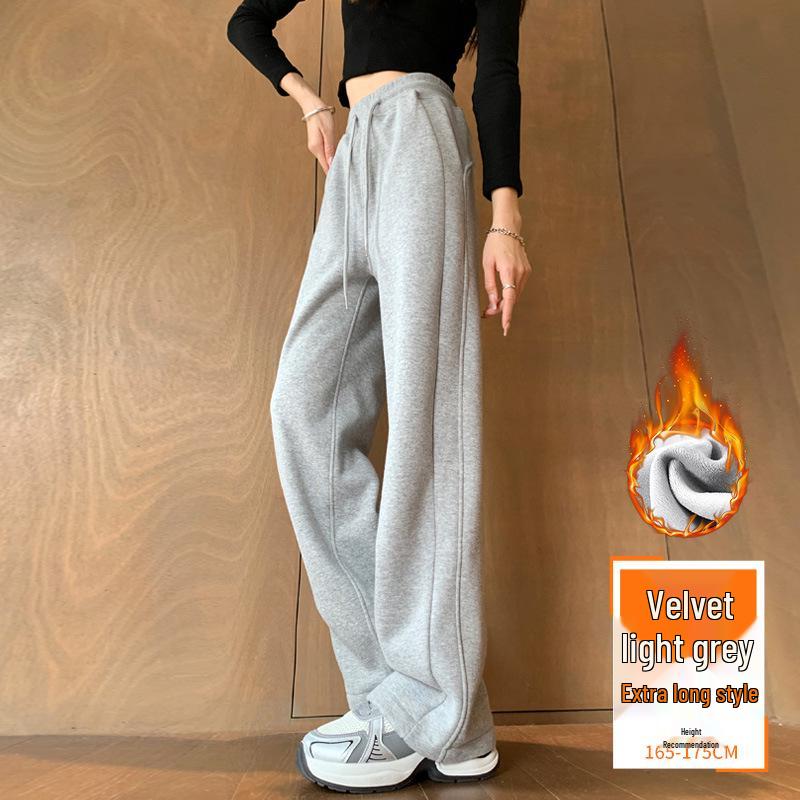 Pantaloni de trening largi cu fleece pentru femei - Toamnă/Iarnă 2024, Îngroșați, Largi, Subțiază, Picior drept, Îmbrăcăminte sport casual