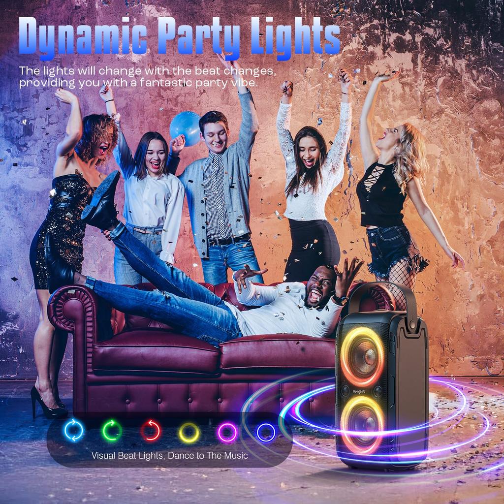 80W Bluetooth Speaker Super Deep Huge 105dB Sound Portable Party Mixed Color LED 24H Bluetooth USB TF W-KING Loud, Bass, Speaker, Light, Playtime,