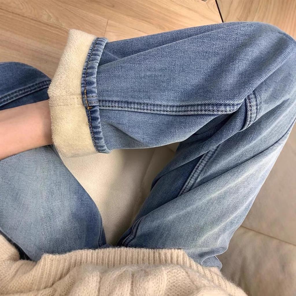 Women's Retro High Waist Fleece Lined Wide Leg Jeans for Autumn/Winter - Slimming, Drapey, Floor Length
