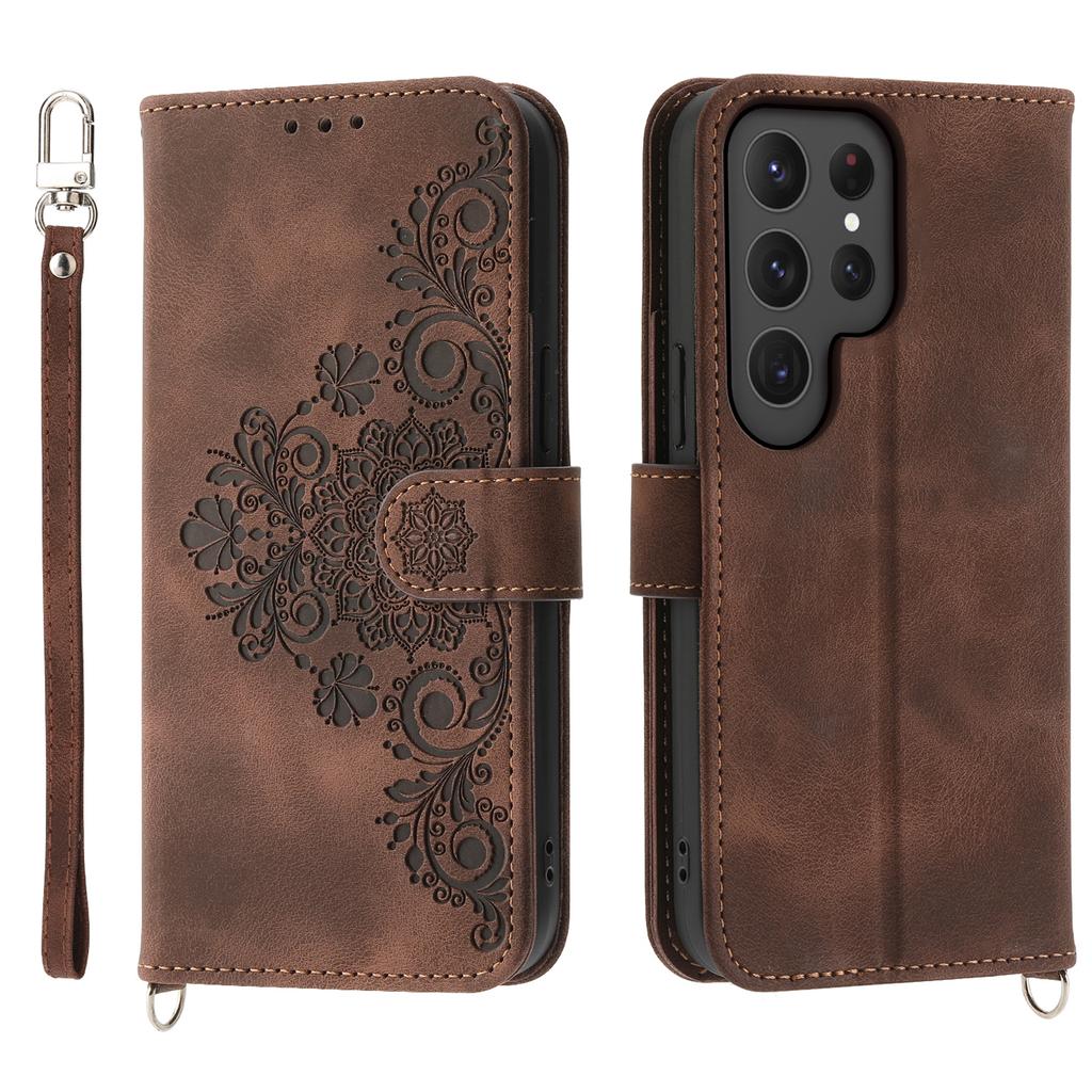 Pouzdro pro Samsung Galaxy S25 Ultra s květinovým vzorem, PU kožené peněženkové pouzdro na telefon s popruhem