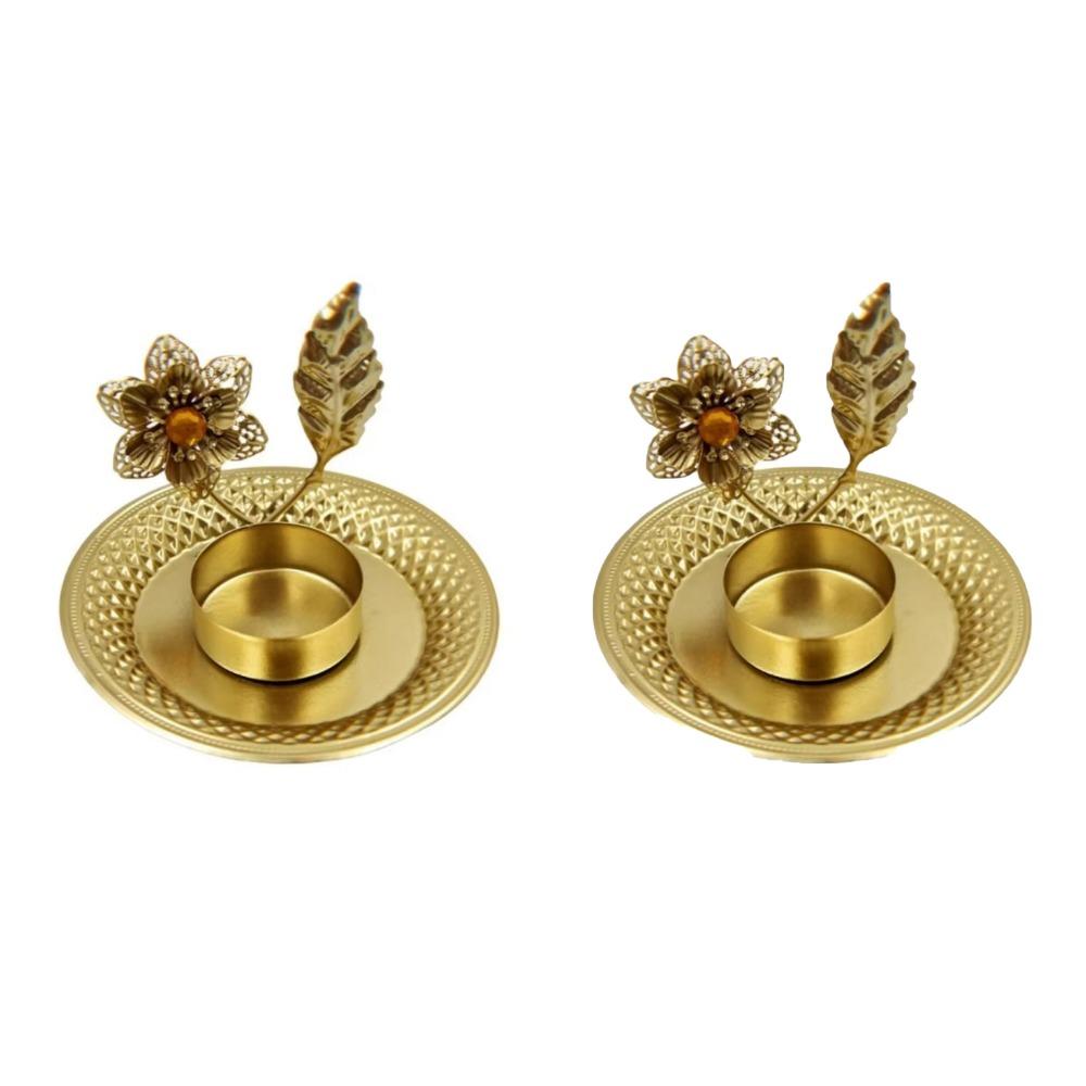 2 Pcs Exquisite Leaf Candlestick Stand Gold Iron Candle Holder Plant Shape Candlestick  Desktop