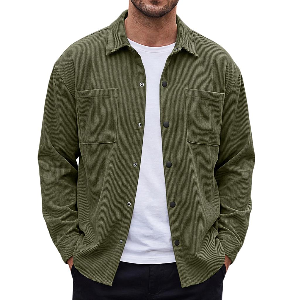 Men's Corduroy Shirt Jacket, Color Button Cardigan with Multiple Pockets, Slim Fit Casual Overshirt