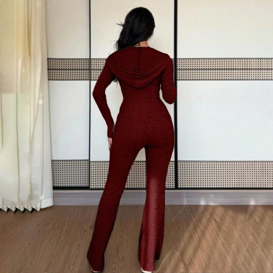 Damen 2-teilige Trainingsanzüge Reißverschluss Kapuzenpullover und Schlaghosen Gerippte Strick-Outfits Sexy Bodycon Workout-Trainingsanzüge