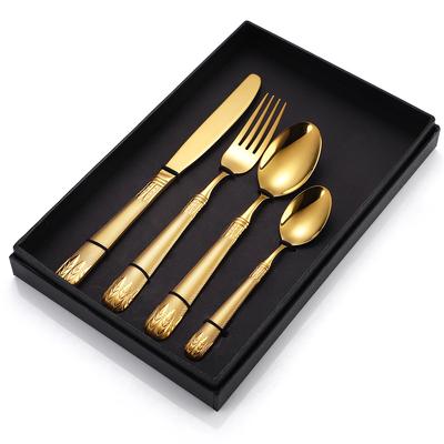 304 Stainless Steel Knife  Fork Spoon Relief Vintage Tableware Set Western Cuisine Steak Silver Home Hotel Gold 4-piece Set