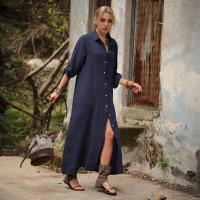 Women's Cotton Linen Shirt Dress Casual Rolled-Up Sleeve Button Dowm Maxi Dress Summer Loose Tunic Shift Dress