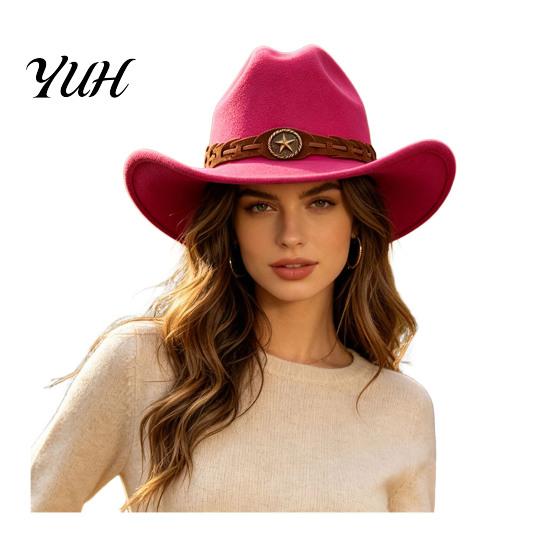 Outdoor Travel Felt Hat Unisex Western Cowboy Hat, Wool Fedora with Faux Leather Autumn Winter Warm Band, Retro Wide Brim Cowgirl for Men Women