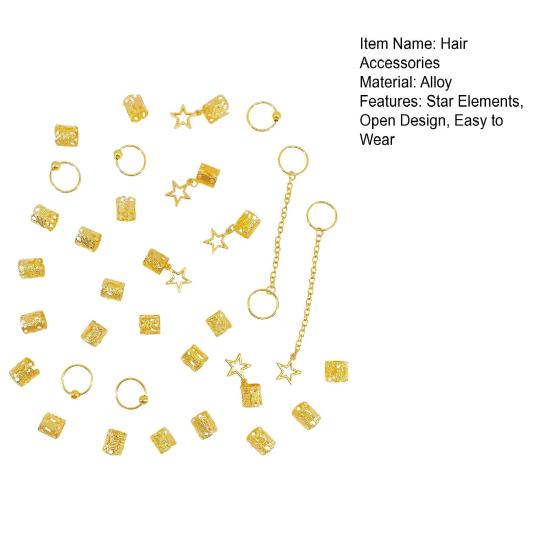 32Pcs Dreadlock Hair Accessories, Hip-hop Style Hair Charms, Star Chain Pendants Hair Beads Rings for Styling Daily Festivals Parties