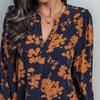 Women Shirt Stand Collar V-Neck Lantern Long Sleeve Printing Pullover Tops Loose Fit Thin Casual Shirt Daily Wear