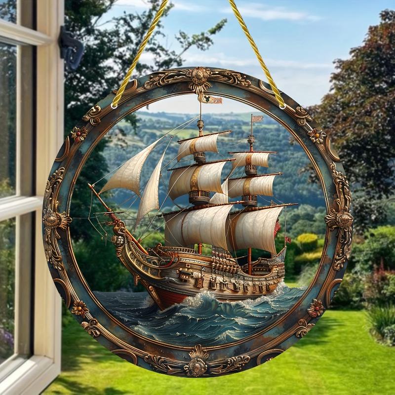 Двумерная Плоская Цветная Акриловая Круглая Декоративная Табличка, Дизайн с Парусником, Декор для Дома, Подвесная Настенная Картина, Декорация для Сада, для Комнаты, Двери 20*20CM