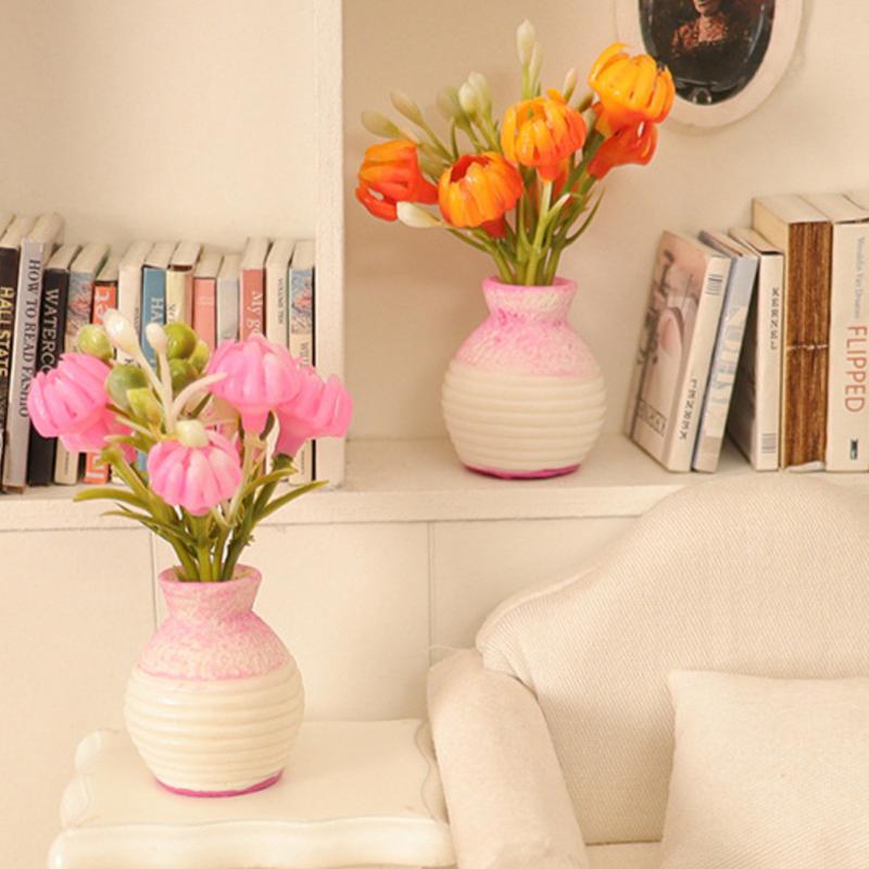 1 Piece 1:12 Dollhouse Miniature Plastic Simulation Colorful Floral Plants Potted Outdoor Doll House Model Diy Accessories