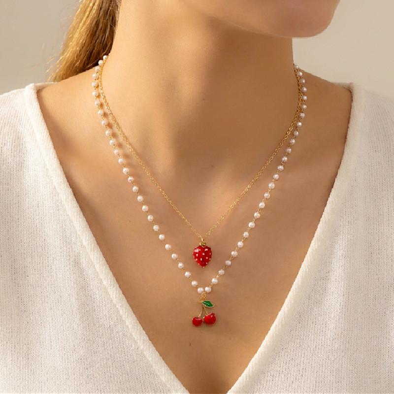 Kirschfrucht Anhänger Halskette Für Frauen Sommer Mehrschichtig Legierung Kette Mit Buchstaben Design
