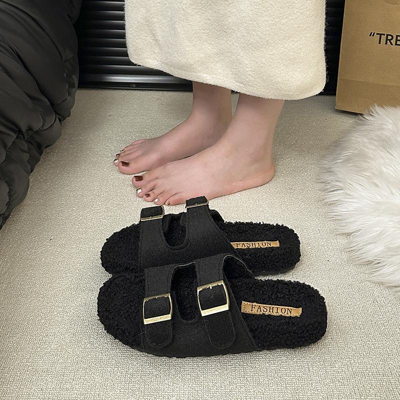 

2025 осень новый ремень с пряжкой толстая подошва пушистые тапочки женские теплые корейская версия одно слово ленивые хлопковые тапочки тренд 40 чёрный