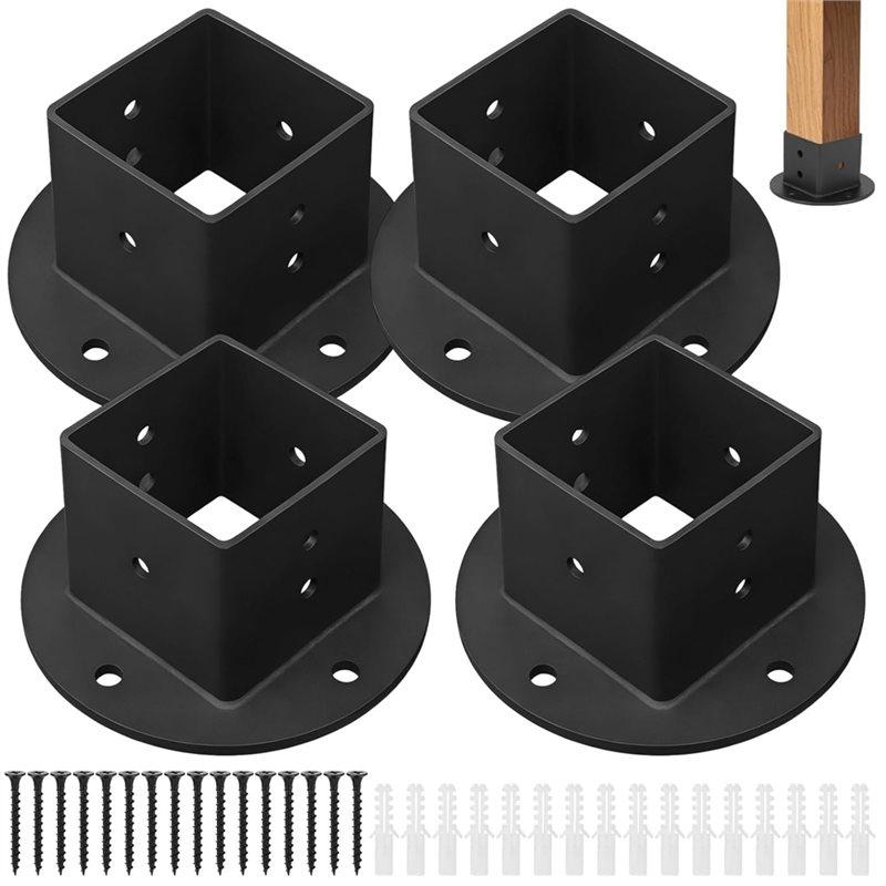 Black Metal Square Post Flange Base Anchors 4 Pcs 2X2 Deck Fence Rail Floor Mount Brackets, Heavy Duty