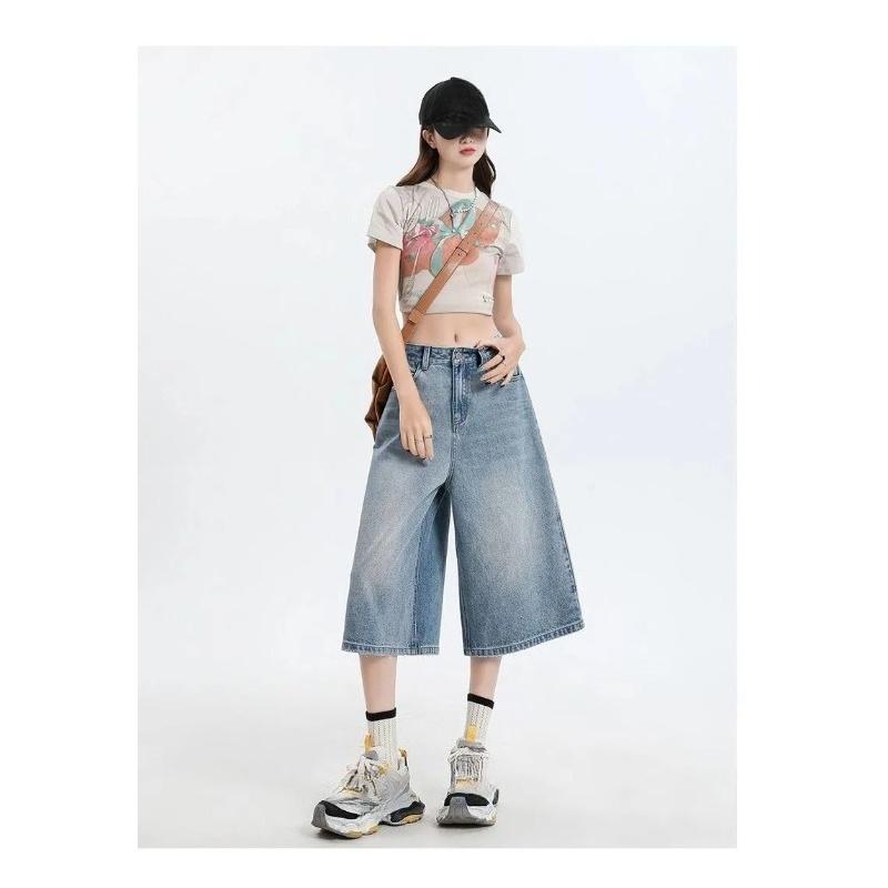 Damen Vintage Weite Beine Denim Capri Hosen Shorts Sommer Bauchkontrolle Locker Gerade Beine Lässig Streetwear