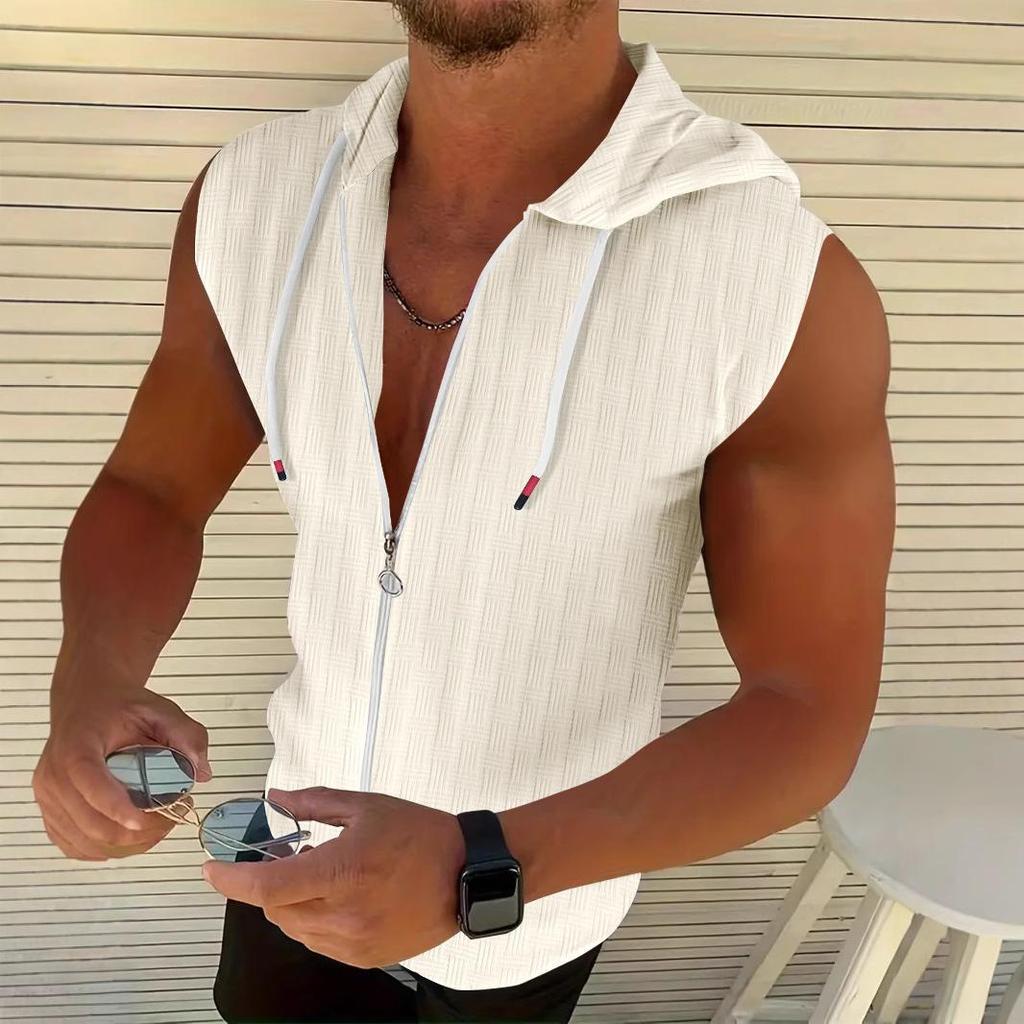 Summer men's jacquard striped zipper cardigan sleeveless hooded T-shir