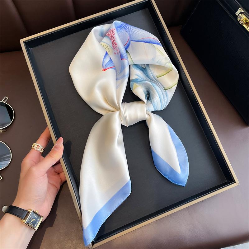 Summer Blue Lotus Silk-like Scarf 70x70cm Women Silk Scarves Luxury Bandana Hijab Neckerchief Shawl Kerchief Hair Band Foulard