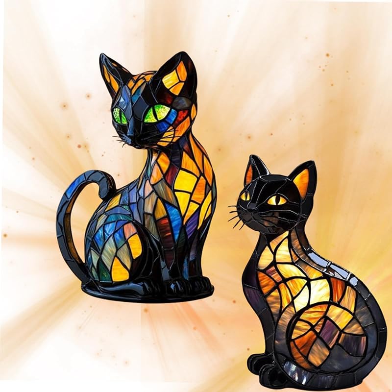 Cat Lamp, Stained Glass Cat Lamp,Cats Lam-p Stained Glass,Mosaic Cats Lamps, Retro Animals Lam p, Vintage Animal Night Light Home Decor, 2025 New