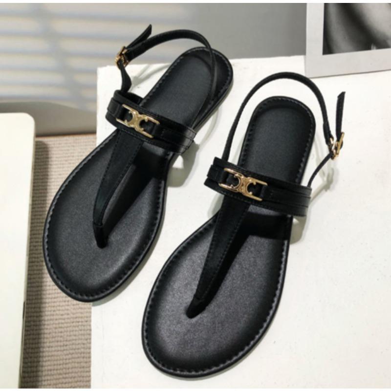 Fashion Women's Luxury T-Strap Sandals 2025 Summer New Designer Brand Pu Leather Flat Shoes Metal Decoration Slippers Zapatos De Mujer