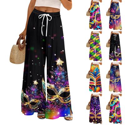 Women Summer Boho Palazzo Pants High Waist Wide Leg Printing Casual Trousers With Pockets