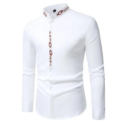 Men's Fashion Stand Collar Embroidered Shirts Solid Color Long Sleeve Buttons Slim Business Casual Work Shirt