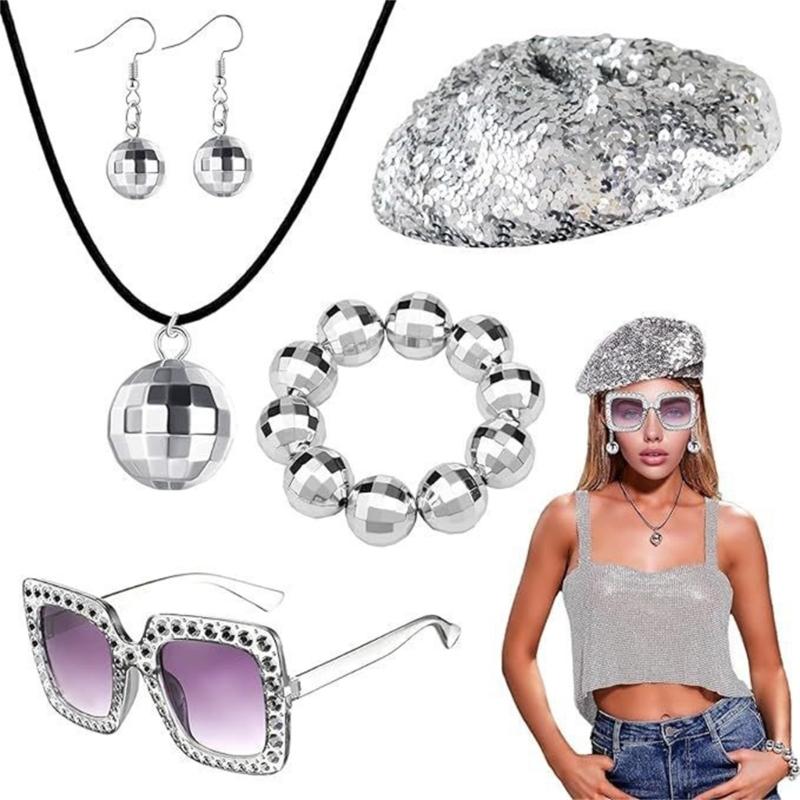4/5Pcs Disco 50s 60s 70s 80s Set Rockstars Cool Outfits for Halloween Birthday Party Costume Dress Up Accessories